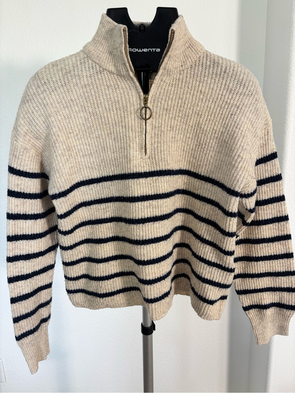 Only Beige Half-Zip Sweater with Navy Stripes